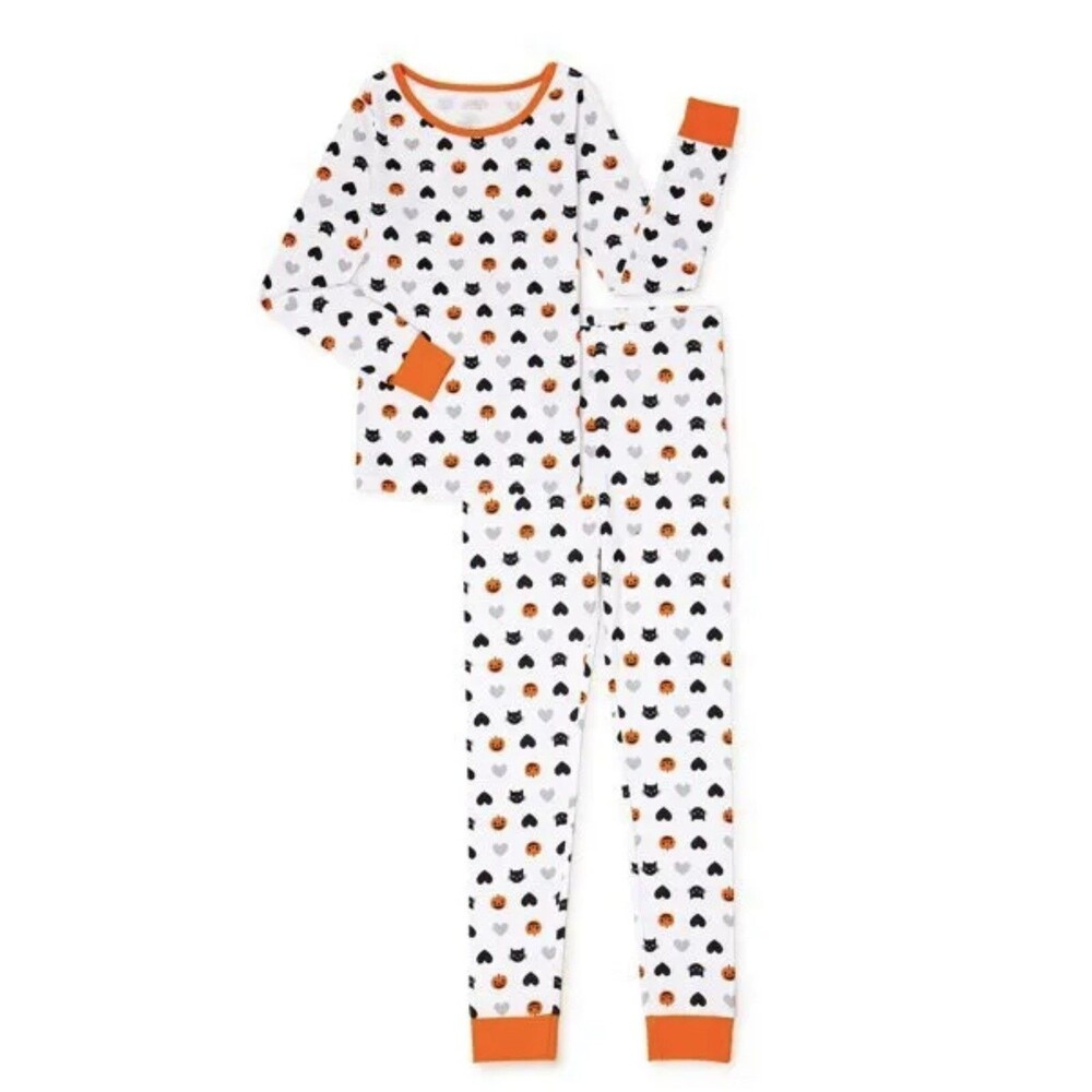 Girls Halloween 2 Piece Pajamas Set - Black Cats & Hearts - Size 5